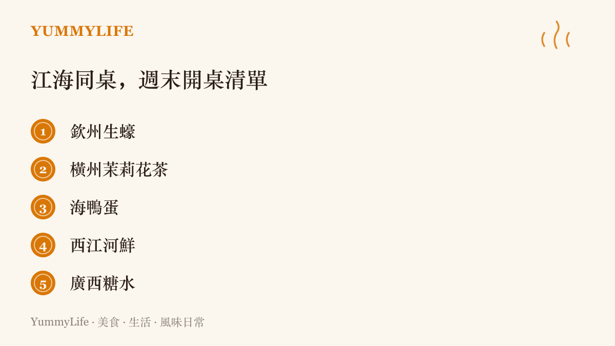 清單圖卡列出江海同桌的五樣品項：欽州生蠔、橫州茉莉花茶、海鴨蛋、西江河鮮與廣西糖水