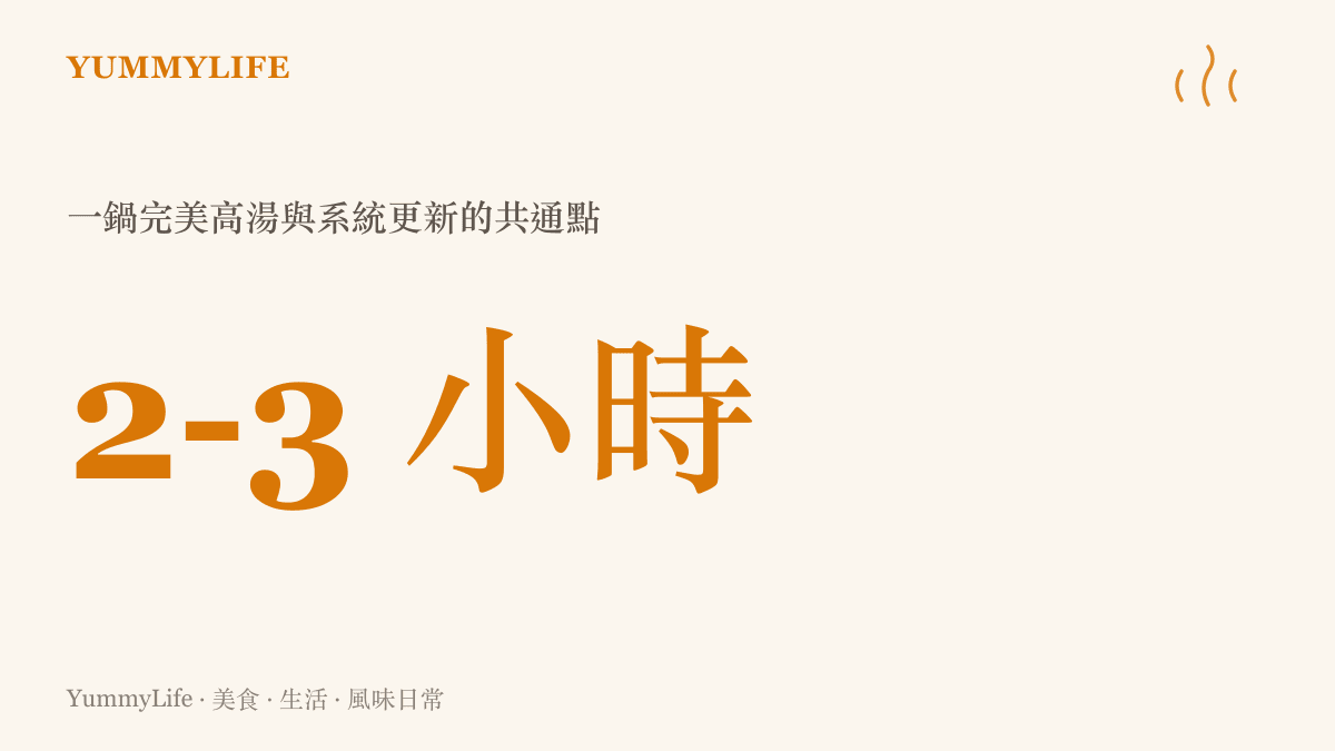 這張圖卡以數據視覺化的方式呈現，熬煮一鍋完美高湯與完成一次完整的系統更新，通常都需要兩到三個小時的時間，象徵科技與料理都需要等待的共通性。