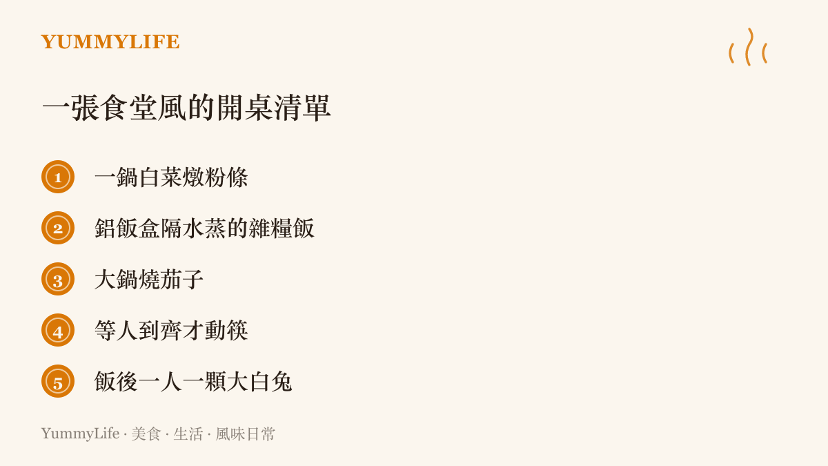 清單圖卡列出食堂風開桌的五個項目：白菜燉粉條、鋁飯盒隔水蒸的雜糧飯、大鍋燒茄子、等人到齊才動筷，以及飯後一人一顆大白兔奶糖