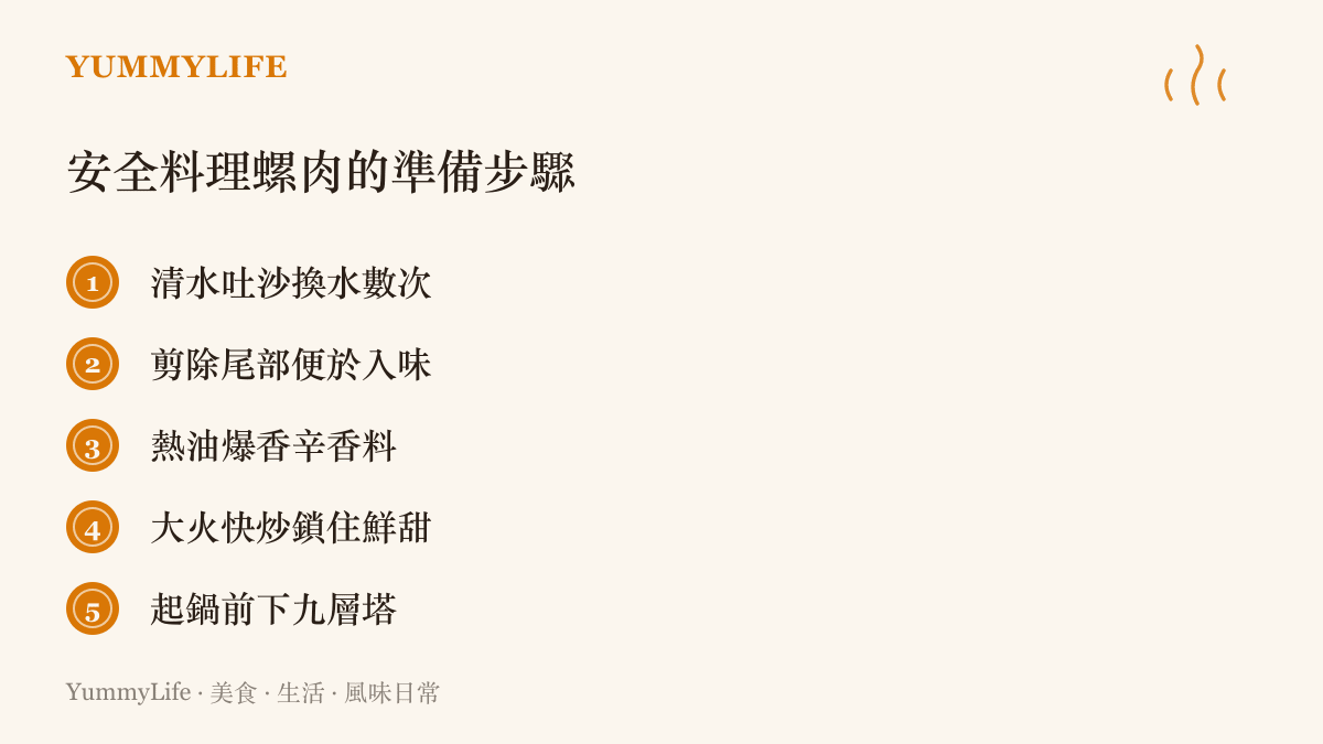 清單列出五項安全處理並烹調美味螺肉的家常廚房步驟