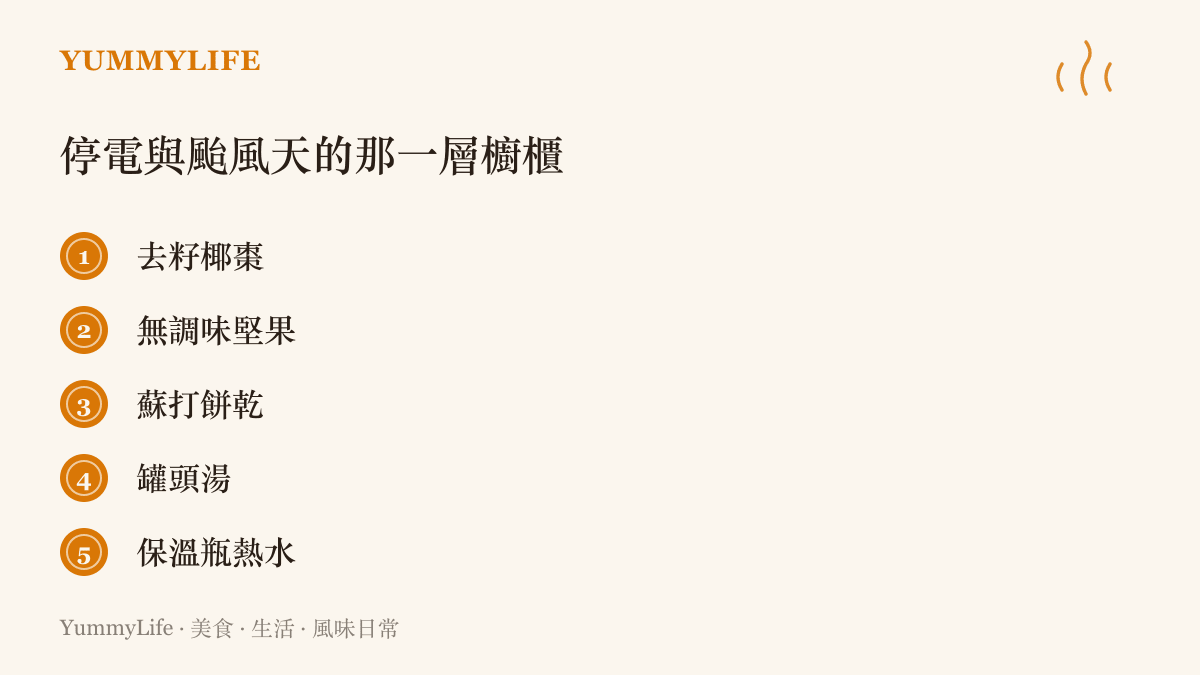 居家存糧清單列出去籽椰棗、無調味堅果、蘇打餅乾、罐頭湯與保溫瓶熱水五項不需開火就能喫的品項
