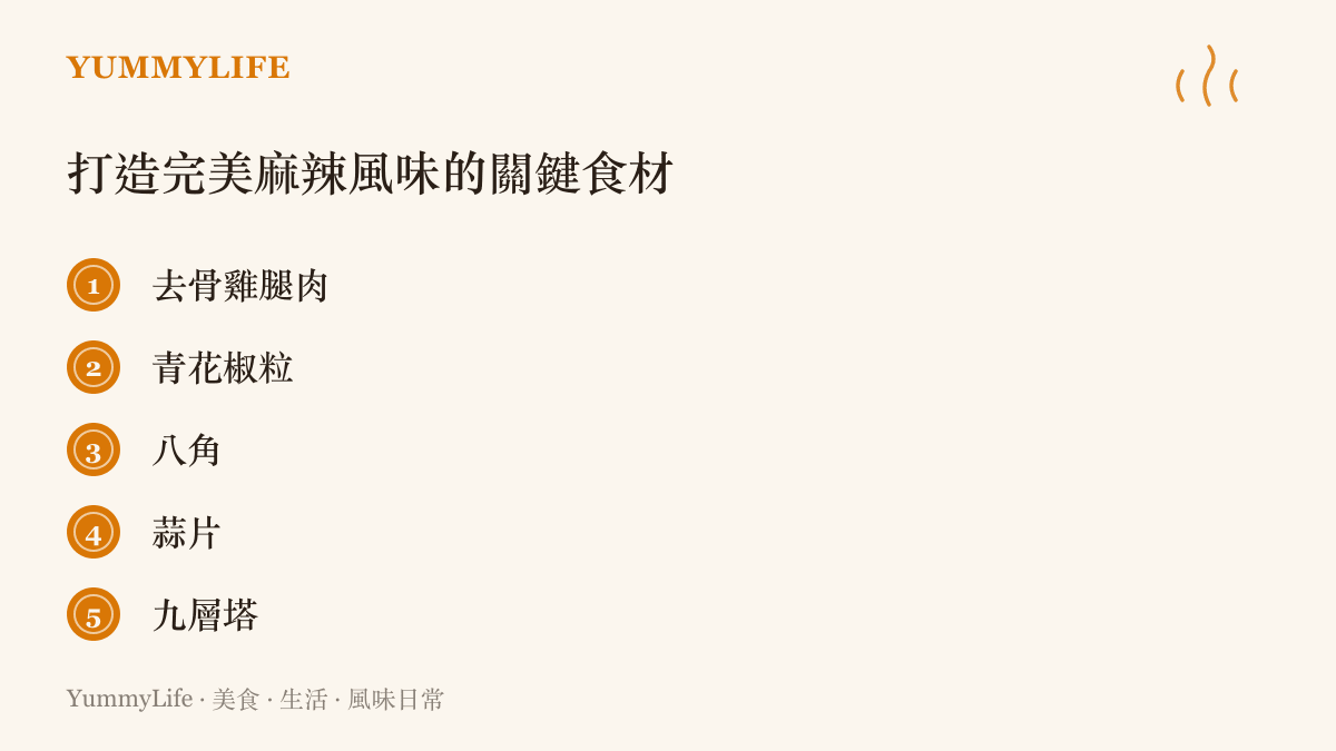 一份製作花椒風味炸雞所需的主要材料清單，包含去骨雞腿肉、青花椒粒、八角、蒜片與九層塔等項目。