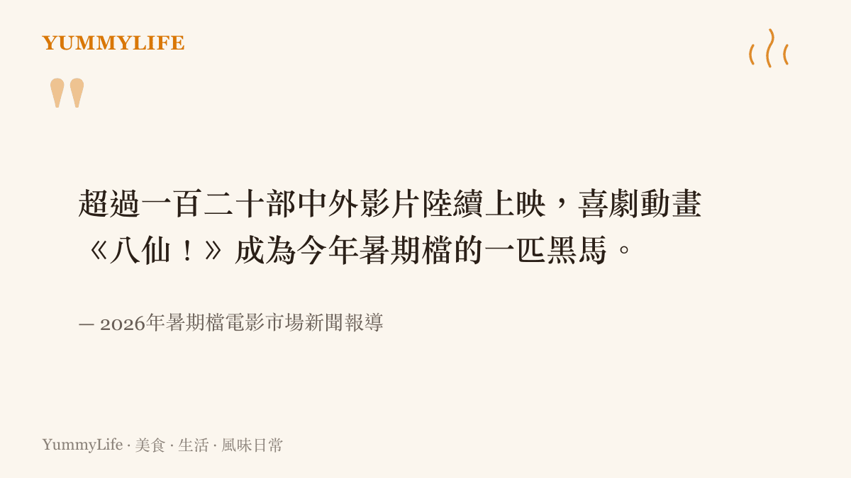 引述圖卡呈現2026年暑期檔有超過一百二十部電影上映，且八仙成為票房黑馬的現象