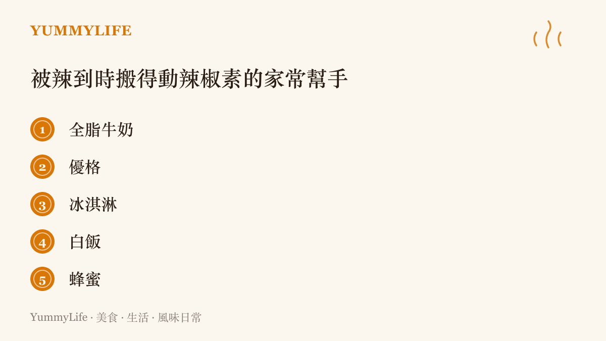 清單列出手邊就能緩解辣度的五種食物，包含全脂牛奶、優格、冰淇淋、白飯與蜂蜜