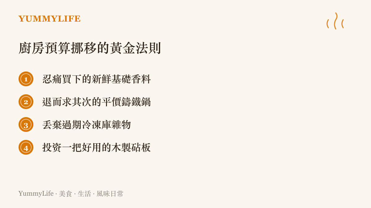 清單圖卡列出四項在廚房中值得投入預算與必須斷捨離的採購項目