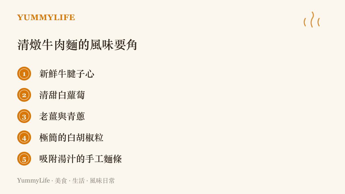 清單列出熬煮清燉牛肉麵不可或缺的五種核心食材與配料。