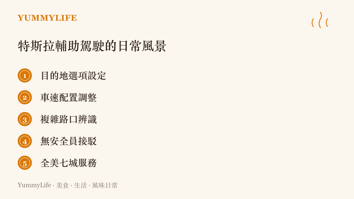 列出特斯拉輔助駕駛系統在日常行駛中提供的目的地設定與複雜路況應對等功能