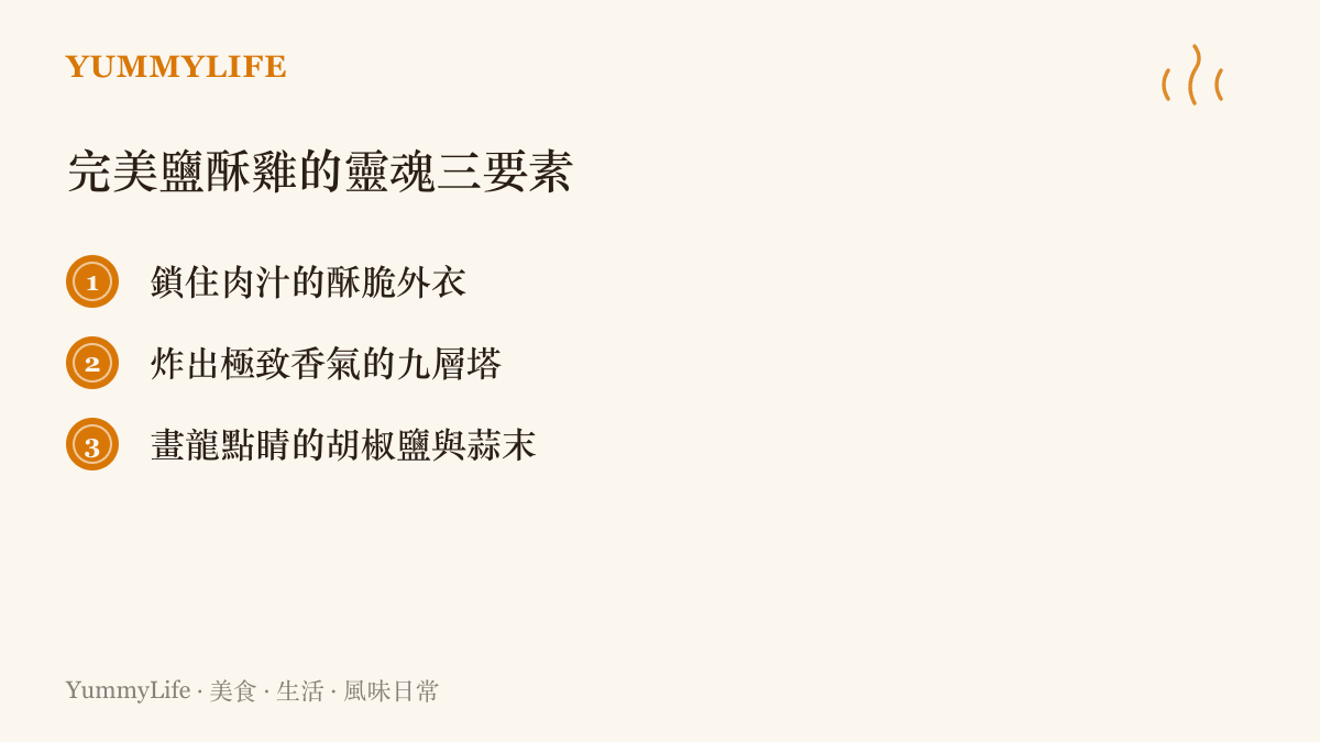 清單圖卡列出完美鹽酥雞的三個靈魂要素：酥脆外衣、九層塔香氣與胡椒蒜末調味