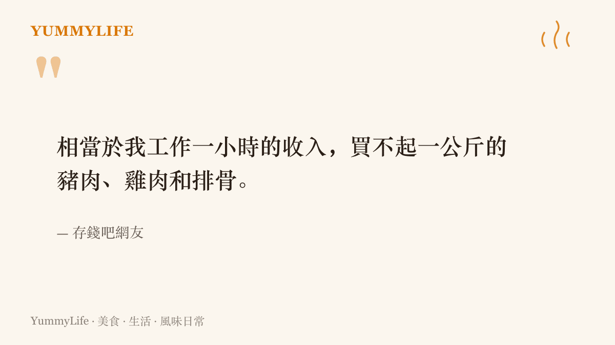 存錢吧網友留言寫著，時薪十幾塊人民幣，工作一小時買不起一公斤的豬肉、雞肉與排骨