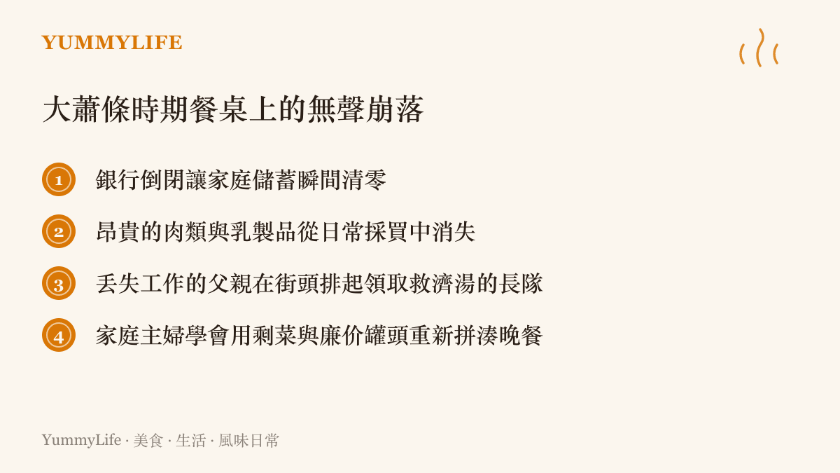 條列大蕭條時期一般家庭餐桌上面臨的資源匱乏與飲食習慣的被迫改變