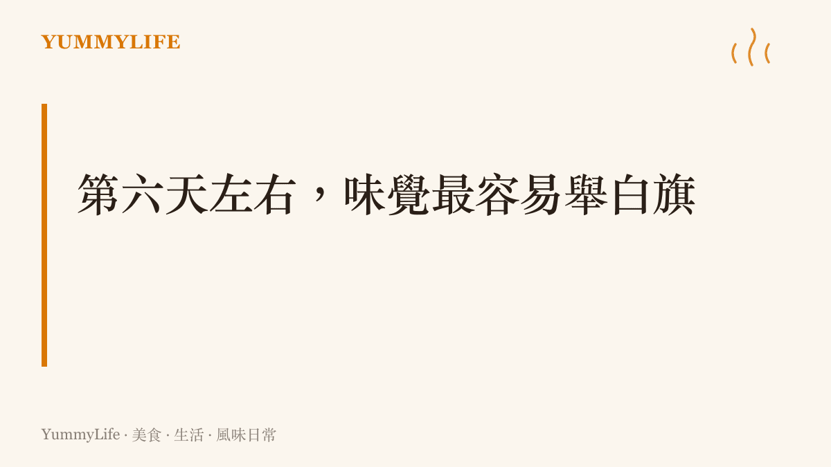 長假旅行味覺疲勞觀察圖卡，標示第六天為網友共同經驗的味覺轉折點