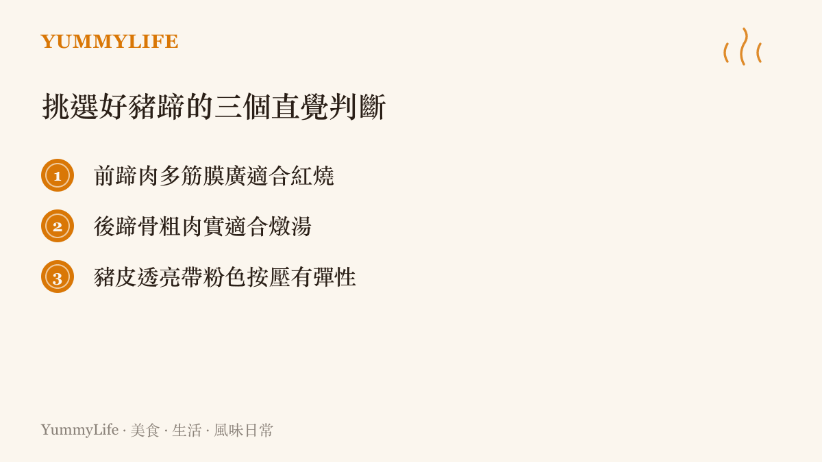 清單圖卡列出挑選新鮮豬蹄的三個實用直覺判斷標準，包含前後蹄差異與觸感