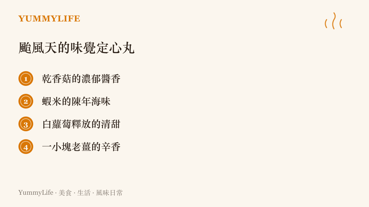 清單圖卡列出颱風天廚房裡用來煮湯的四種關鍵乾貨與蔬菜食材