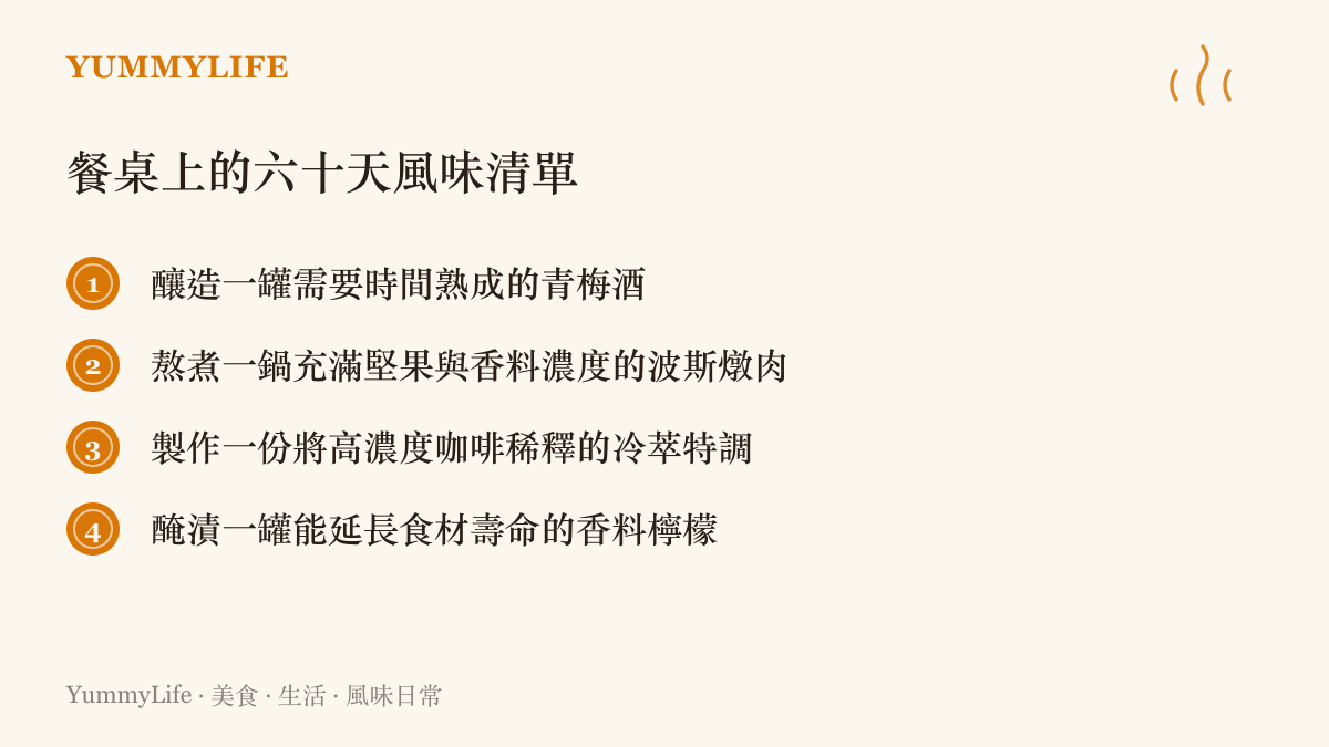 清單圖卡列舉四項在六十天內可於廚房實作的風味料理與發酵食譜靈感