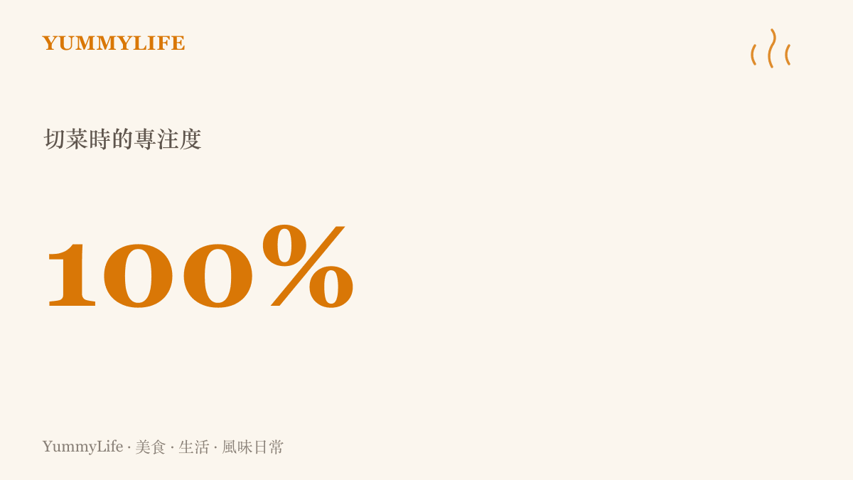一張呈現廚房切菜專注度的數據圖卡，畫面上顯示百分之百的專注數值