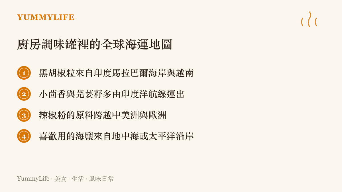 列出廚房常見香料如黑胡椒、小茴香、辣椒粉與海鹽的產地及其跨越海洋的運輸路徑
