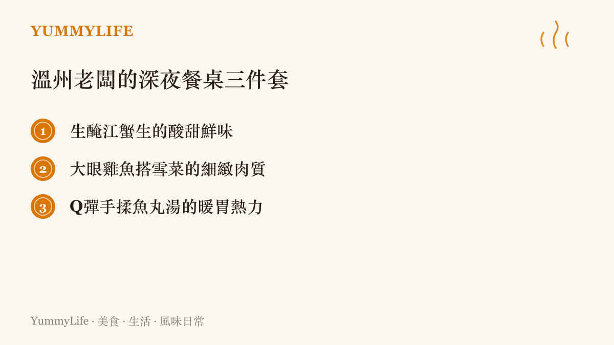 清單圖卡列舉溫州深夜排檔必吃的三道經典菜餚及其口感特色