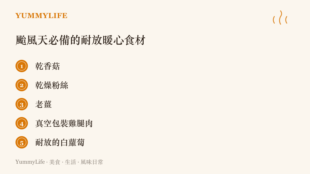 清單圖卡列舉出五項颱風天適合儲備的耐放暖心食材，包括乾香菇與雞腿肉等