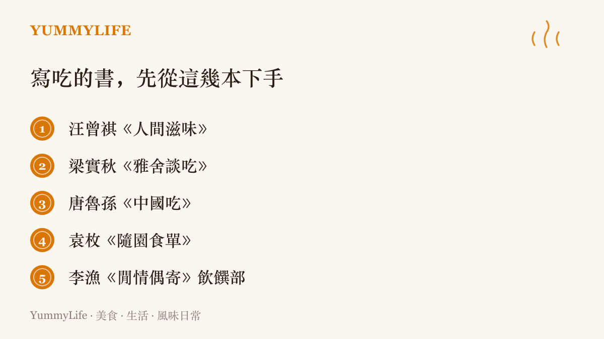 寫喫的入門書單，列出汪曾祺《人間滋味》、梁實秋《雅舍談喫》、唐魯孫《中國喫》、袁枚《隨園食單》與李漁《閒情偶寄》飲饌部五本經典
