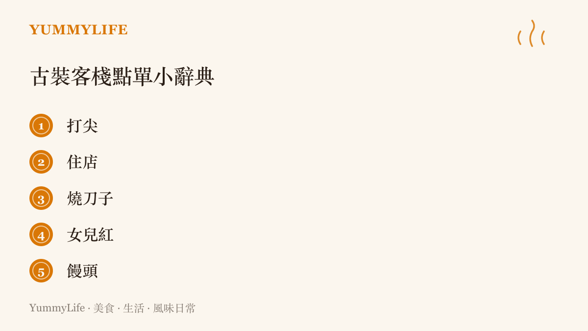 清單圖卡列出打尖、住店、燒刀子、女兒紅、饅頭五個古裝劇裡客棧點單常見的古老用語