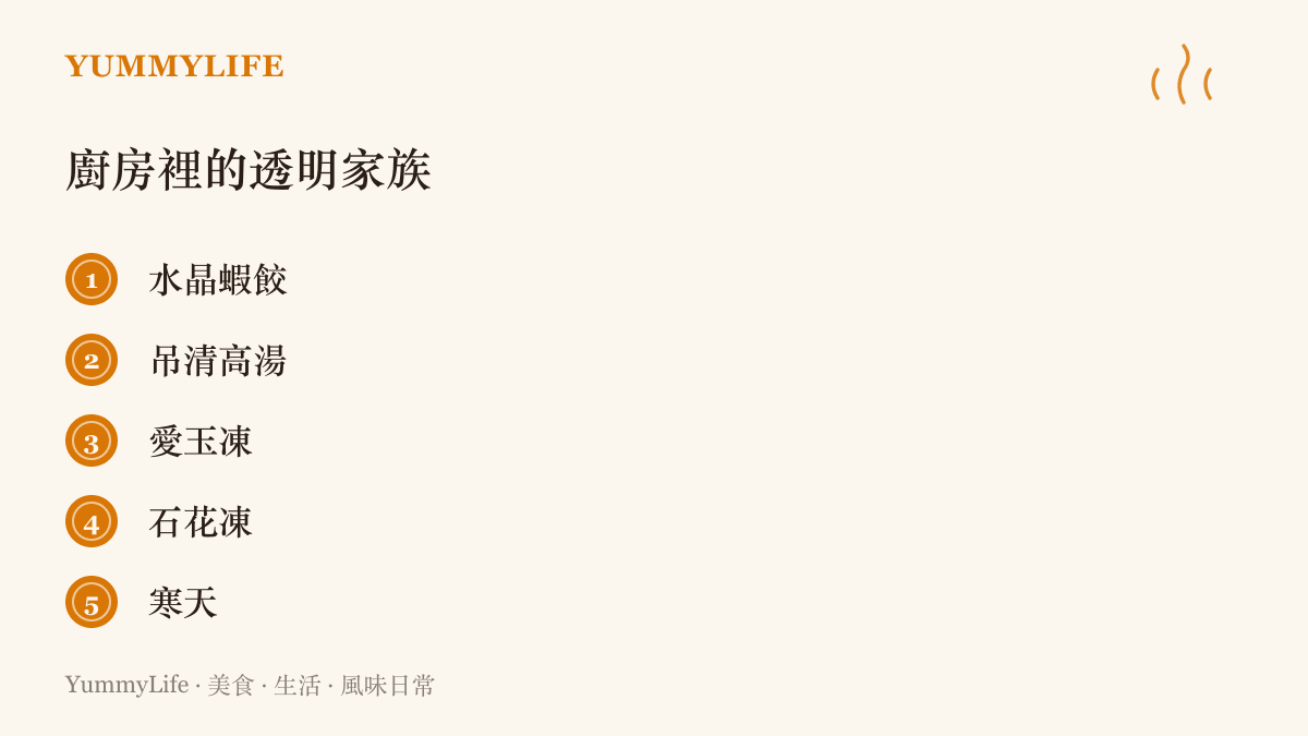 清單列出廚房裡五種透光的食物：水晶蝦餃、吊清的高湯、愛玉凍、石花凍與寒天，各自代表點心、湯品與甜品裡的透明功夫