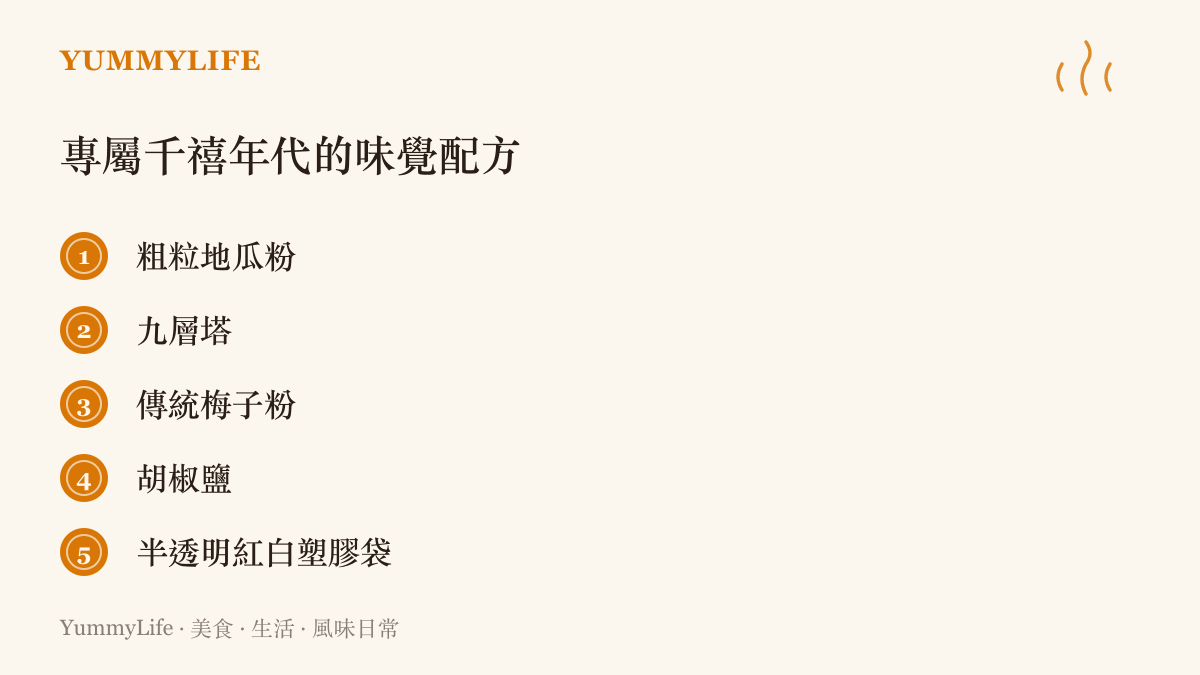 清單圖卡列出了重現千禧年代放學炸物的五個關鍵元素包含粗粒地瓜粉九層塔梅子粉胡椒鹽與紅白塑膠袋