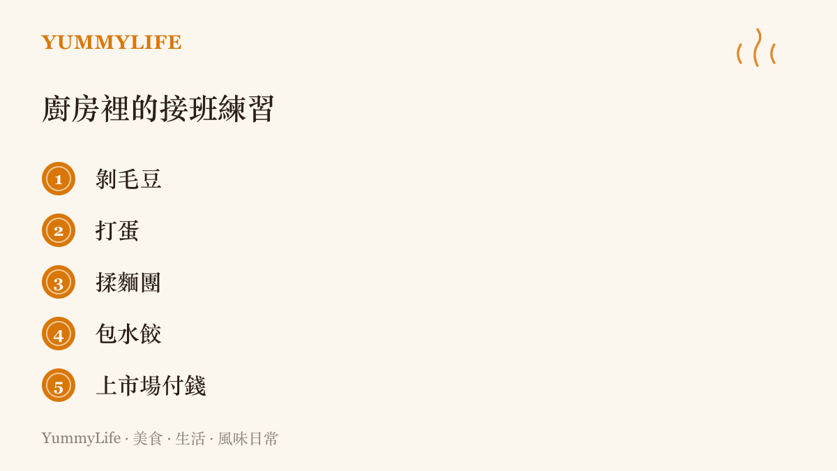 親子廚房的五個接班練習清單：剝毛豆、打蛋、揉麵團、包水餃與上市場自己付錢，讓孩子一步步接手家裡的味道