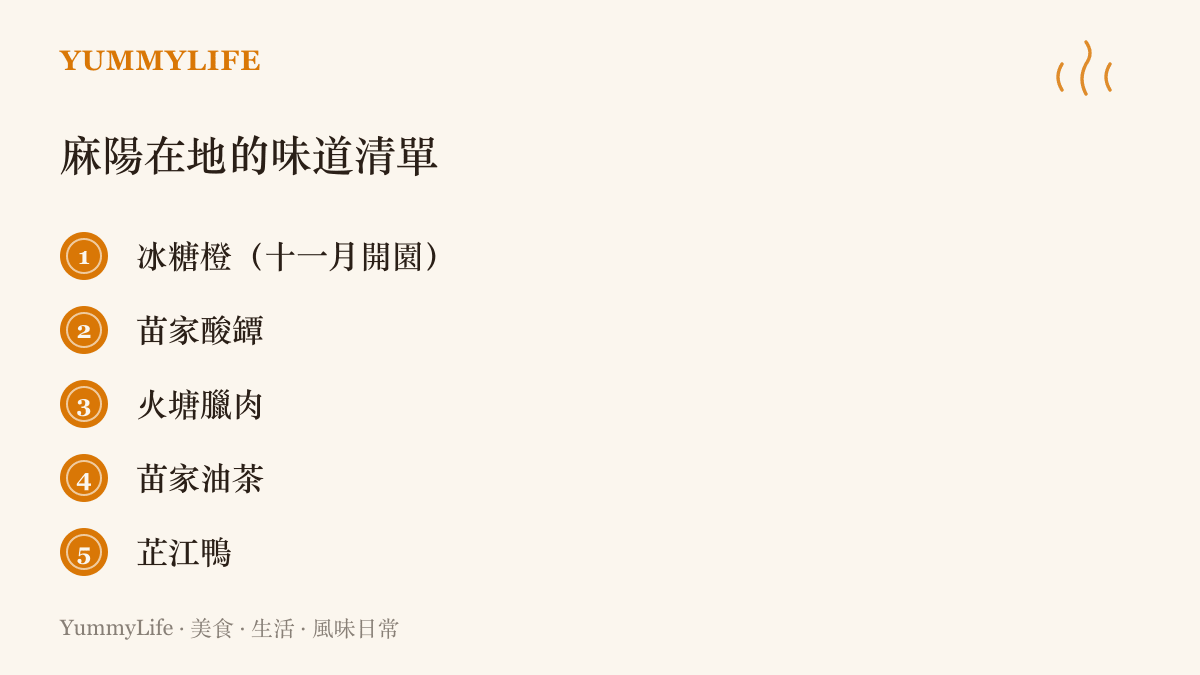 麻陽在地的味道清單，列出要等到十一月才開園的冰糖橙、苗家酸罈、火塘臘肉、早晨的油茶與鄰縣芷江的鴨
