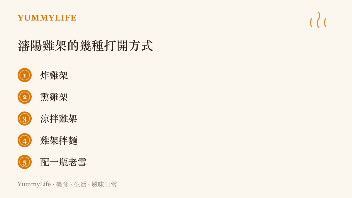 清單介紹瀋陽雞架的常見喫法，包含炸雞架、燻雞架、涼拌雞架、雞架拌麵，以及搭配老雪花啤酒的在地飲食習慣