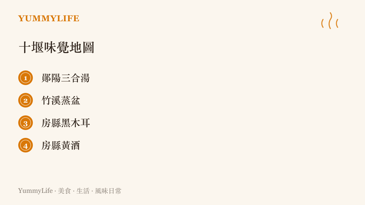 清單列出湖北十堰的四種在地味道：一碗同煮牛肉牛血粉條的鄖陽三合湯、年節才上桌的竹溪蒸盆、肉厚脆口的房縣黑木耳，以及釀造歷史悠久的房縣黃酒